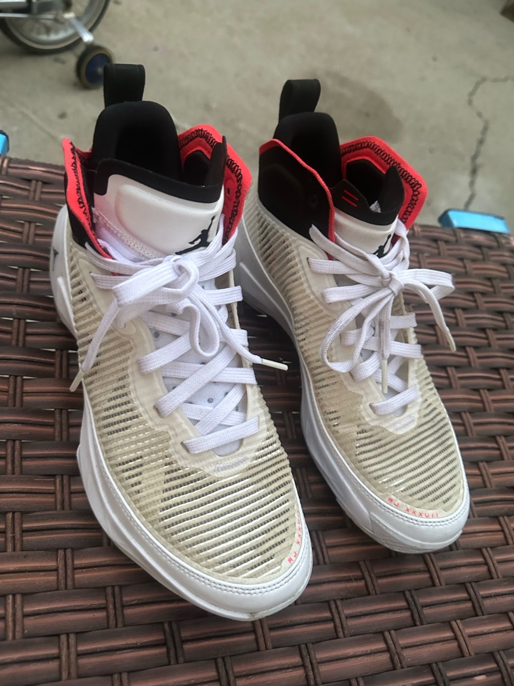 White and Red High-Top Basketball Sneakers